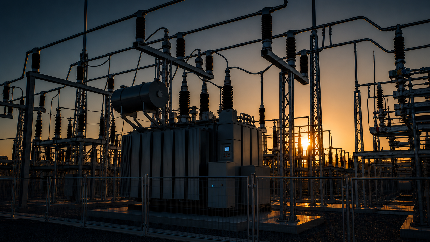 Substation equipment at sunset